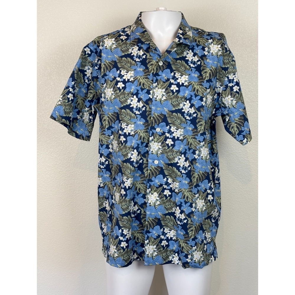 Jos A Bank Mens M Navy Blue Floral Hawaiian Camp Shirt Short Sleeve